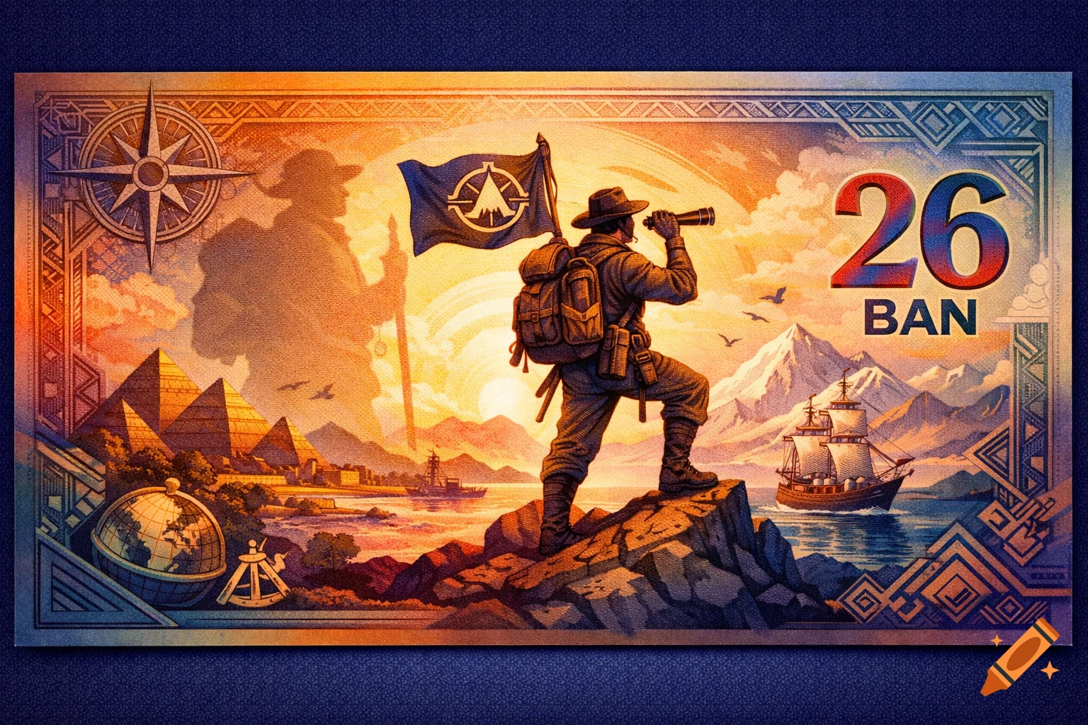 A detailed, colorful banknote illustration features an explorer with a spyglass on a cliff, a compass, pyramids, ships, and mountains, with '26 BAN' printed.