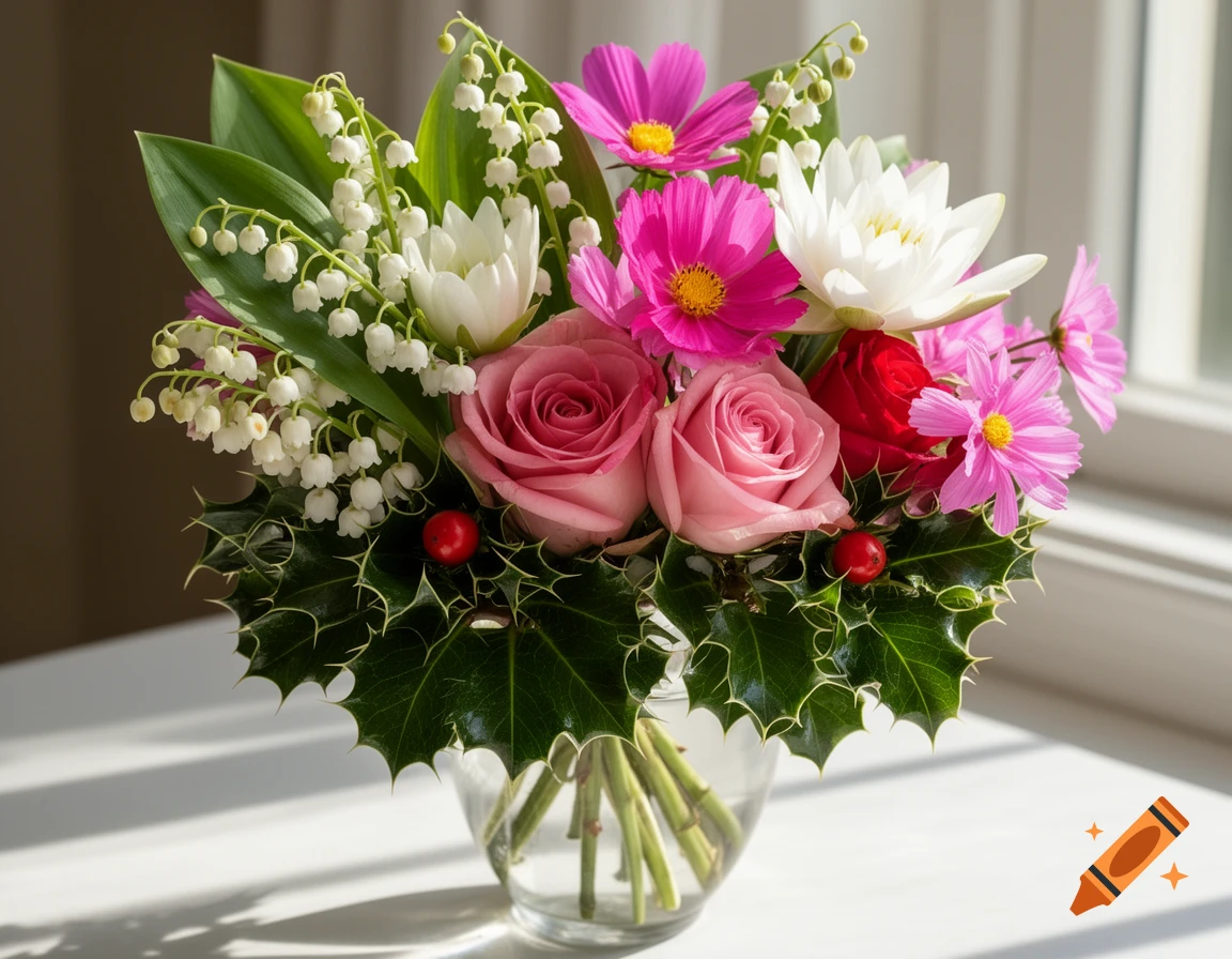 Vibrant bouquet of pink roses, white water lily, pink cosmos, white lily of the valley, and green holly with red berries in a clear glass vase.