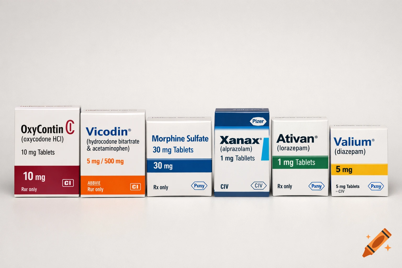 Photorealistic image of six white and colored boxes of prescription medication, including OxyContin, Vicodin, Morphine Sulfate, Xanax, Ativan, and Valium, lined up on a white surface.
