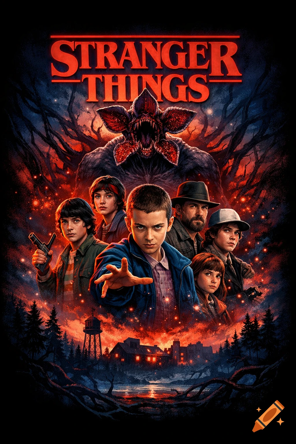 A vibrant Stranger Things poster with Eleven reaching out, surrounded by other characters and the Demogorgon over a fiery, eerie landscape.