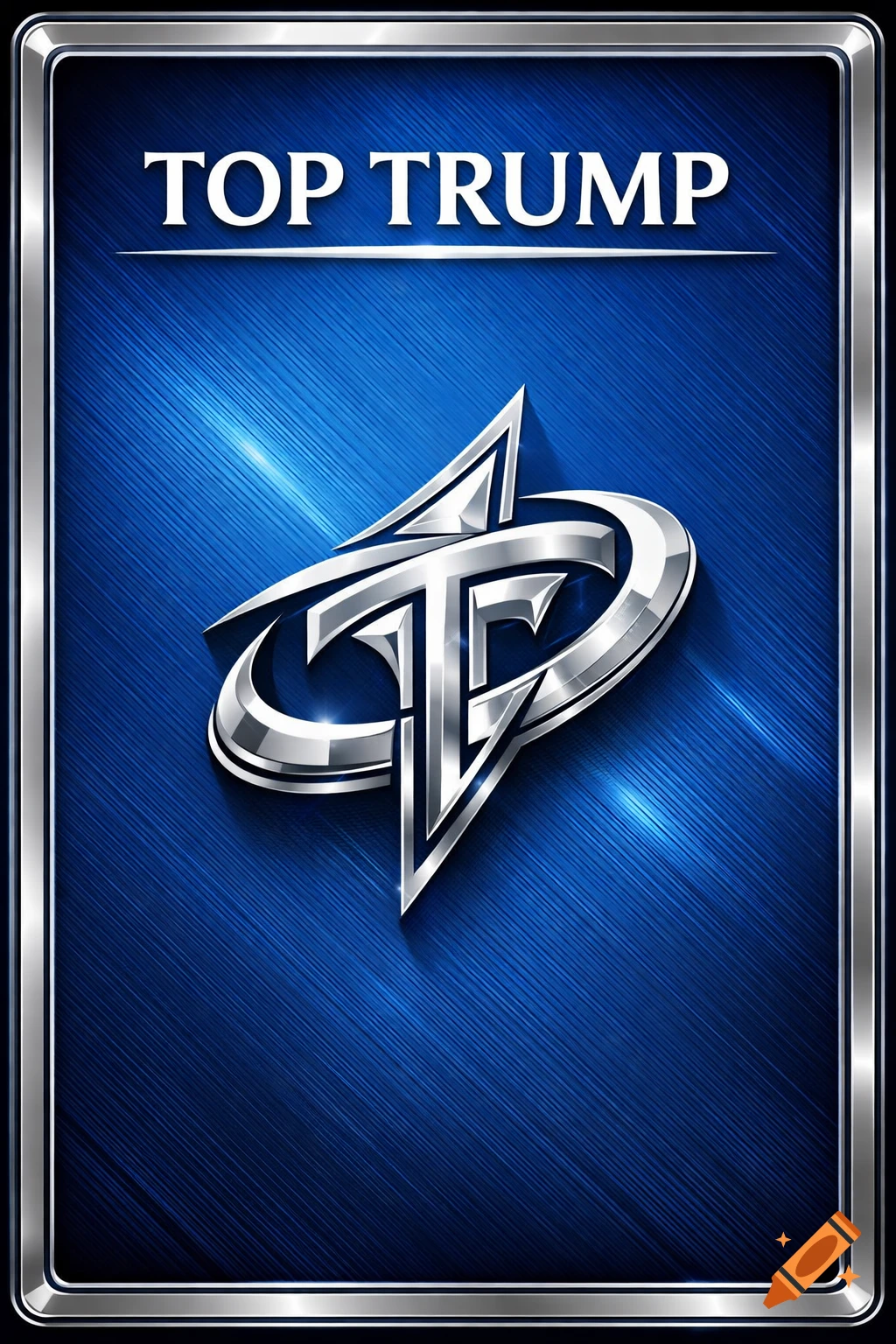 A chrome-framed card template with a brushed blue background and a silver, stylized "TT" logo, and "TOP TRUMP" text.