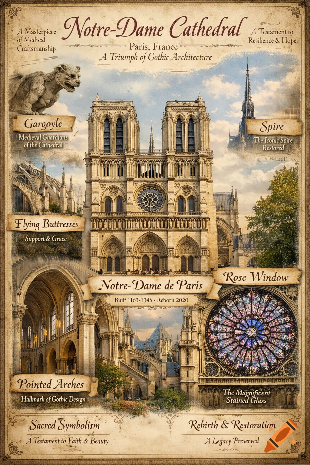 An annotated poster featuring Notre-Dame Cathedral in Paris, France, highlighting Gothic architectural elements like gargoyles, the spire, flying buttresses, rose window, and pointed arches, with descriptive text.