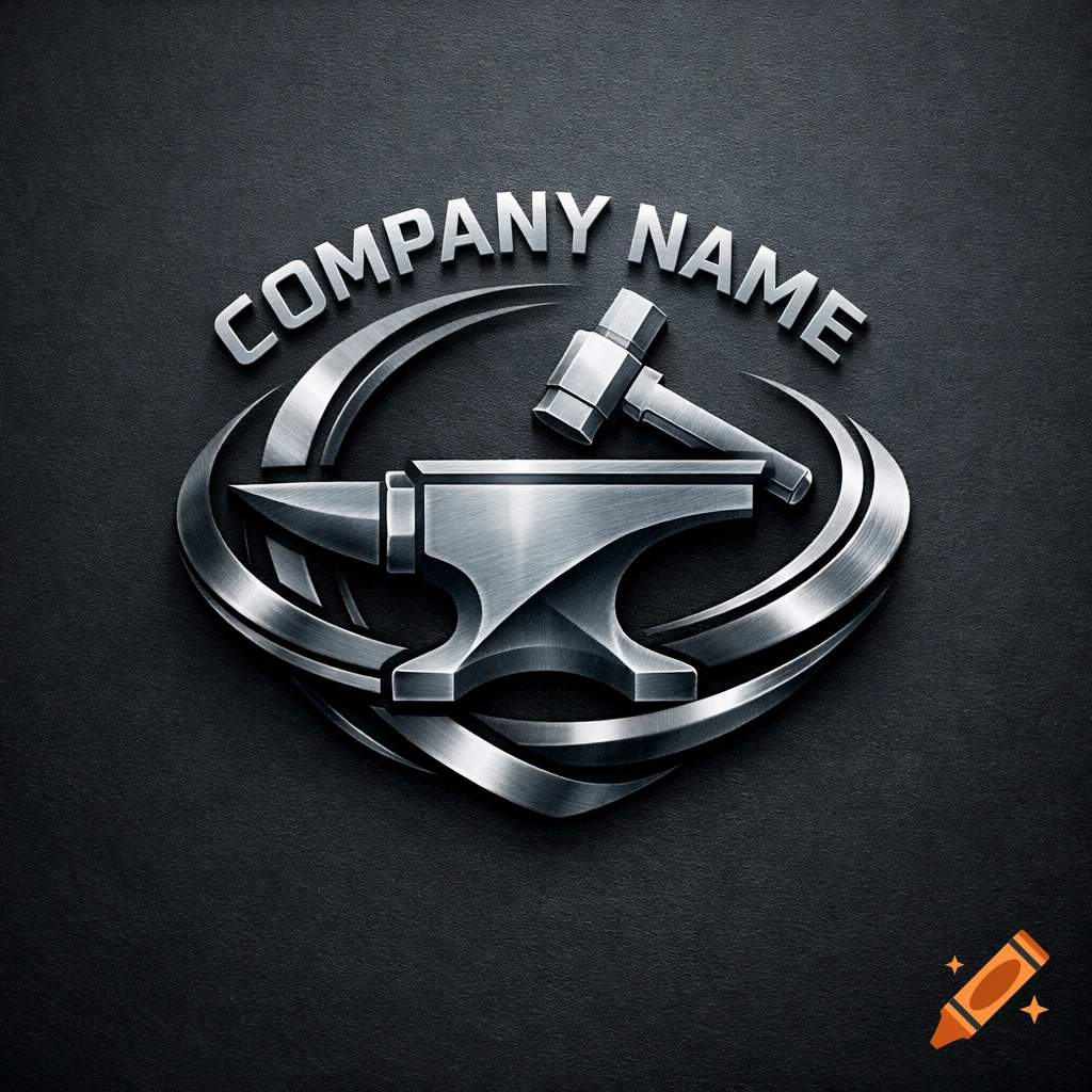 Sleek metallic logo with an anvil, hammer, and swooshes on a dark background, with 'COMPANY NAME' above.