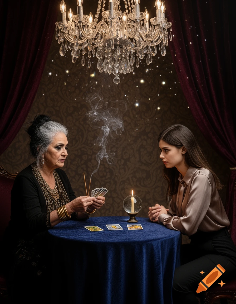 A fortune teller with silver hair reads tarot cards for a young woman in a dimly lit parlor with a chandelier, crystal ball, and incense.
