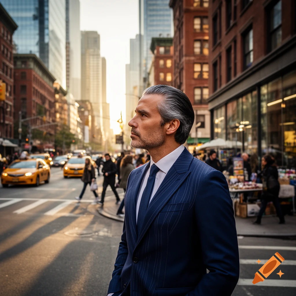 Man in a blue pinstripe suit on a sunny city street with yellow cabs ...