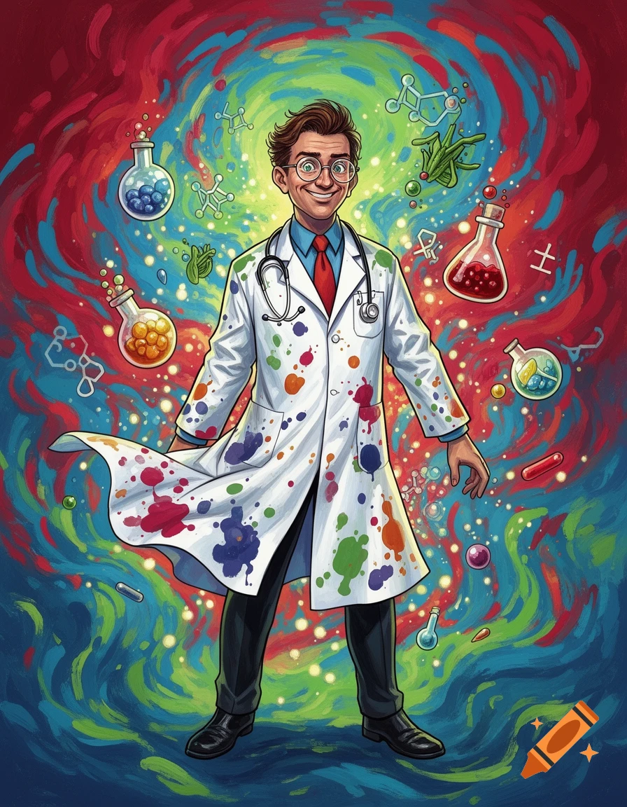 A smiling cartoon doctor in a paint-splattered lab coat, surrounded by floating science flasks and molecules against a vibrant, swirling colorful background.