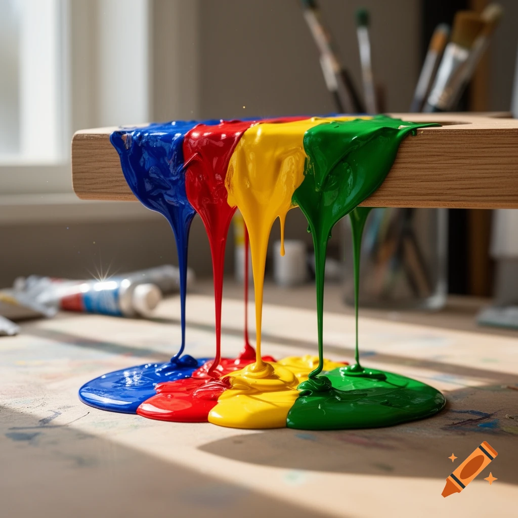 Blue, red, yellow, and green paint drips from a wooden plank onto a paint-splattered table, with blurry art supplies in the background.