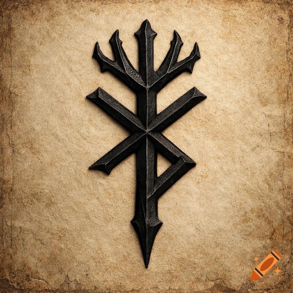 A dark, stylized bindrune symbol with pointed ends and a central vertical line, on a distressed parchment-like background.