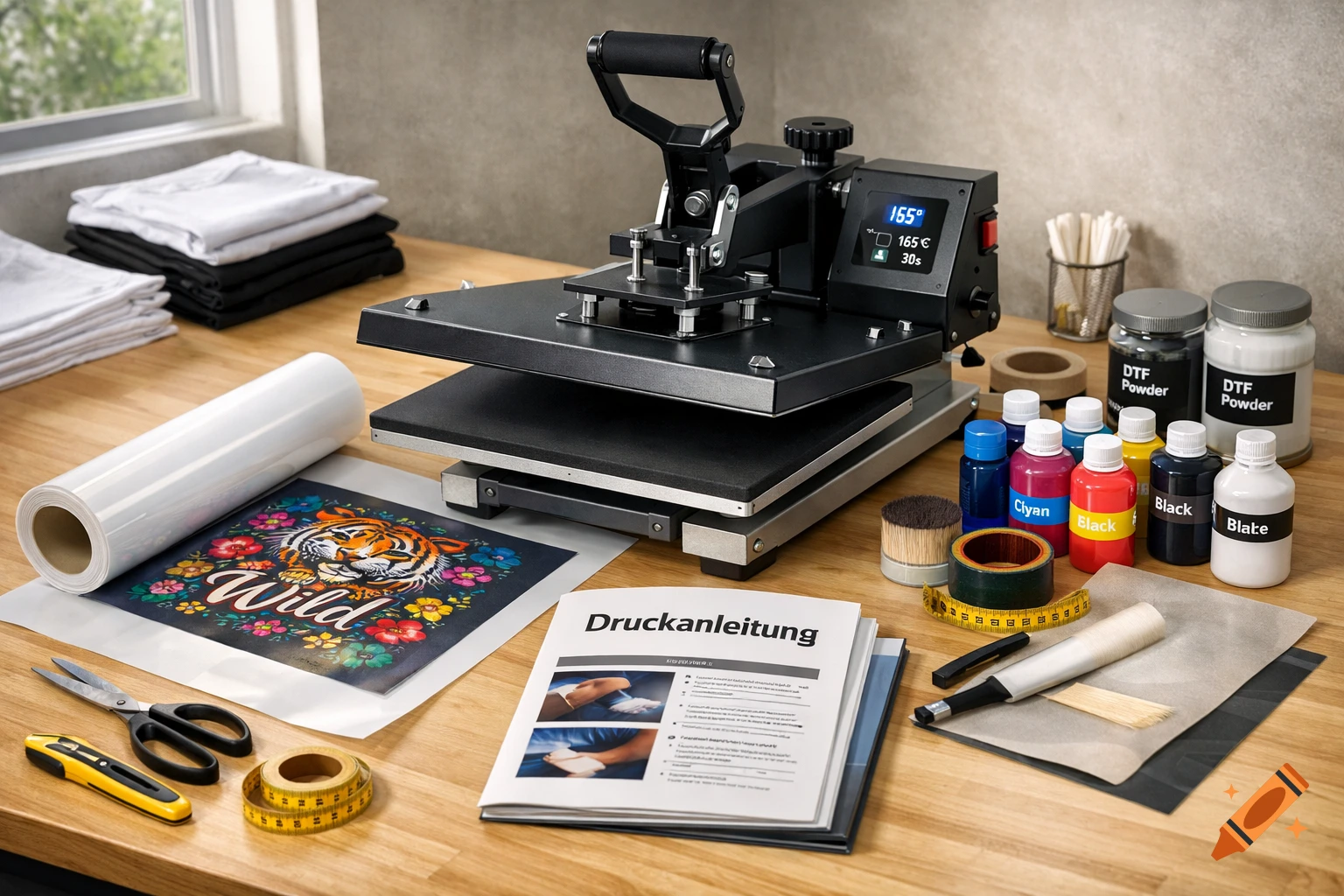 A textile printing starter set with a black heat press machine, rolls of film, bottles of ink, and a 'Druckanleitung' (printing instructions) manual on a wooden table.
