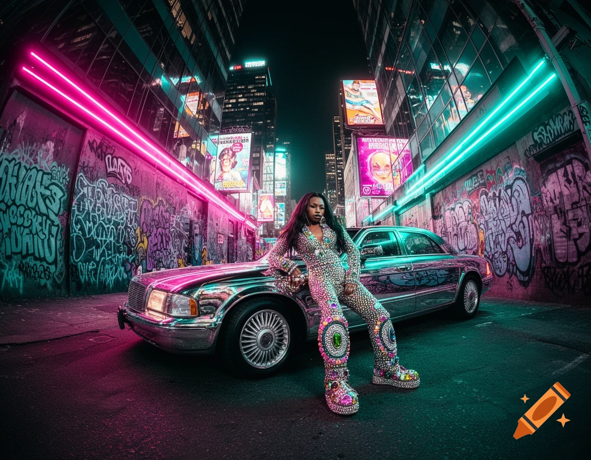 A Black woman in a dazzling rhinestone jumpsuit and boots leans on a chrome car in a graffiti-covered alley, illuminated by neon pink and teal lights.