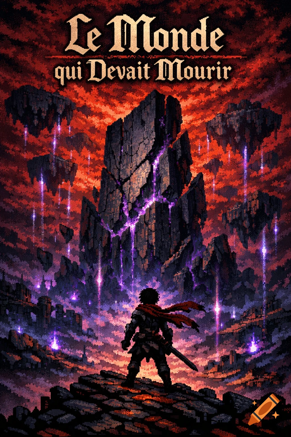 Pixel art dark fantasy RPG cover showing a lone hero on a cliff facing a broken monolith under a red sky. Title: Le Monde qui Devait Mourir.