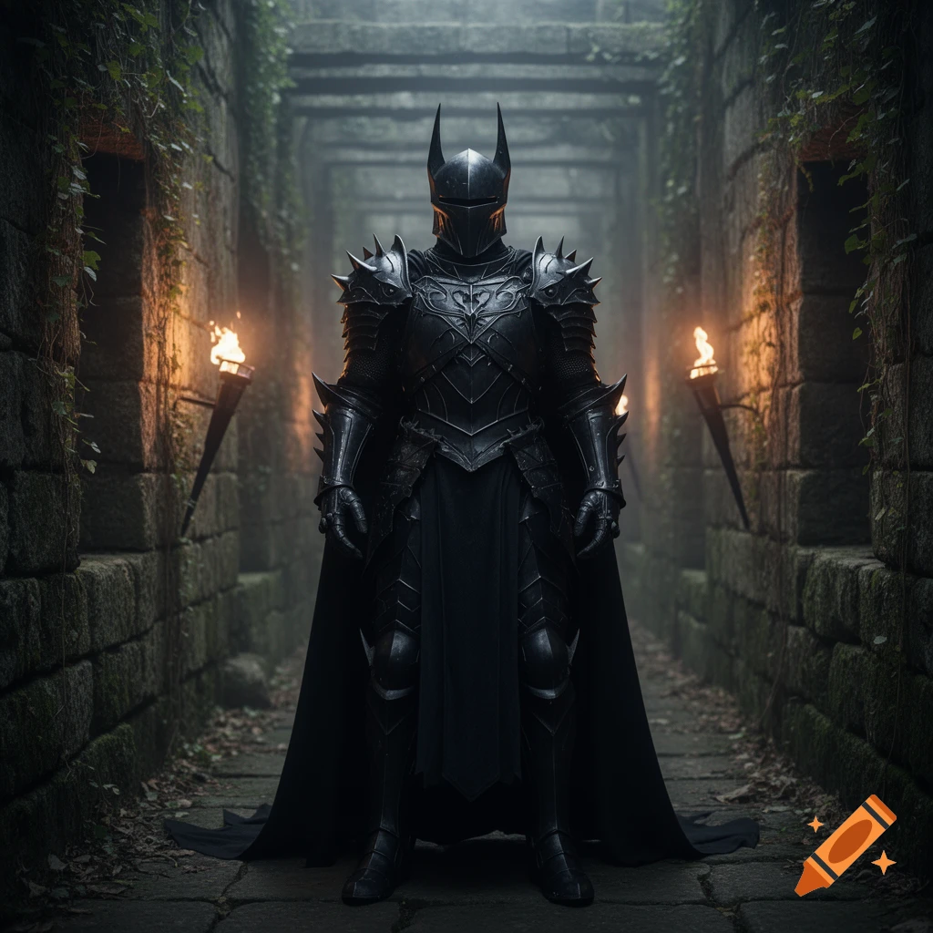 A dark knight in elaborate black armor with pointed ears stands in a torch-lit stone corridor overgrown with ivy.