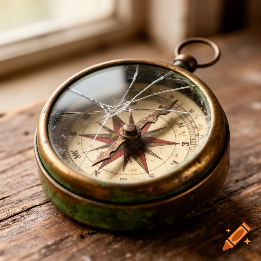A close-up, photorealistic image of an old, brass compass with a cracked glass cover resting on weathered wood.