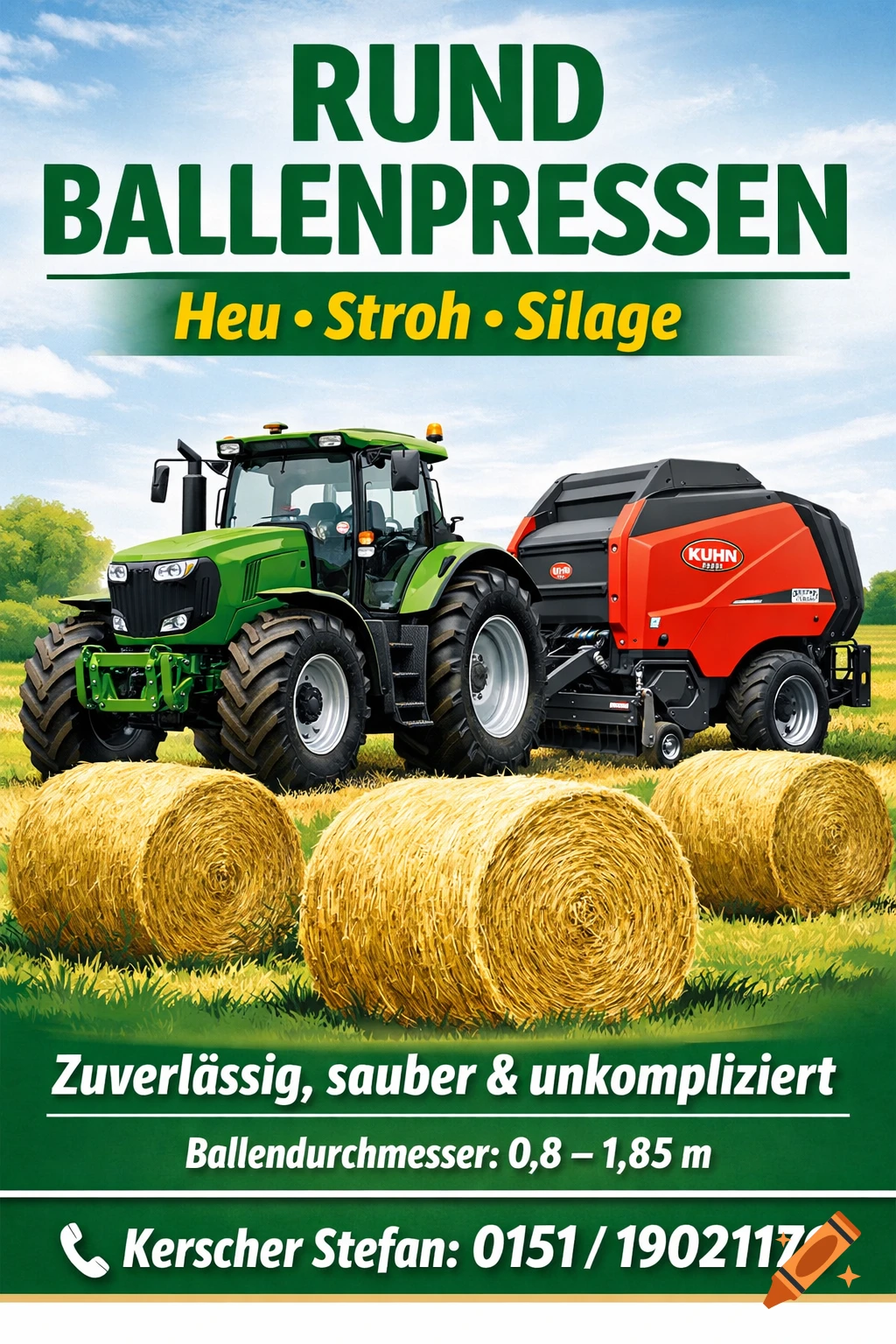 An advertisement showing a green tractor pulling a red Kuhn round baler in a field with hay bales, under a blue sky.