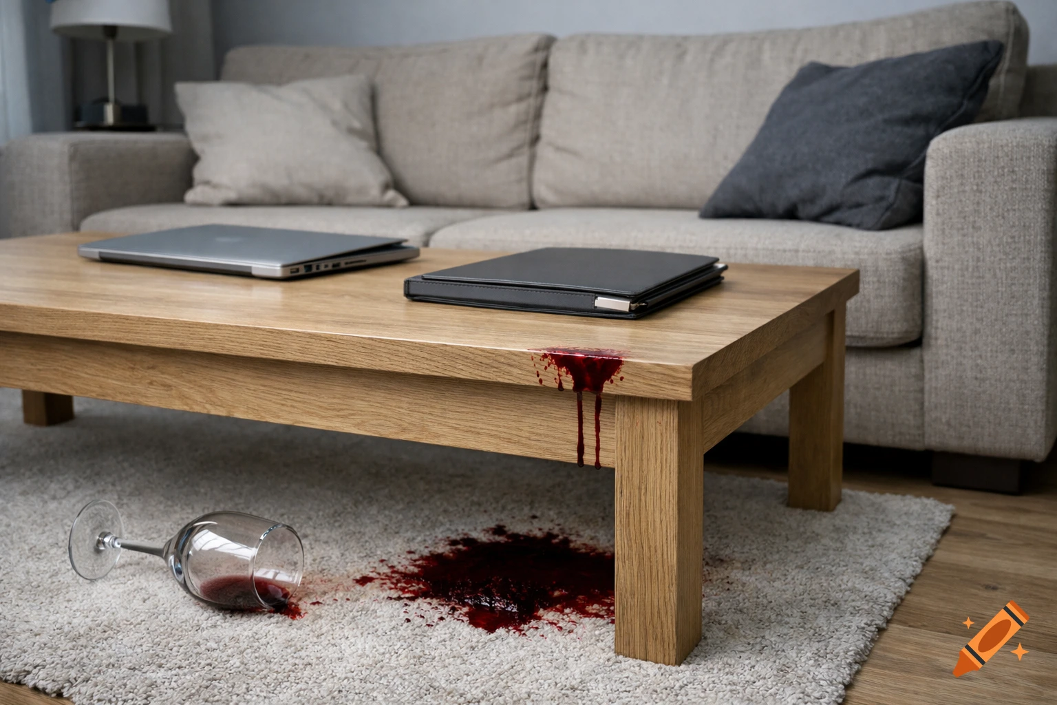 Realistic photo of a modern living room with a coffee table, a laptop, a spilled wine glass, and a blood-like stain on the rug and table.