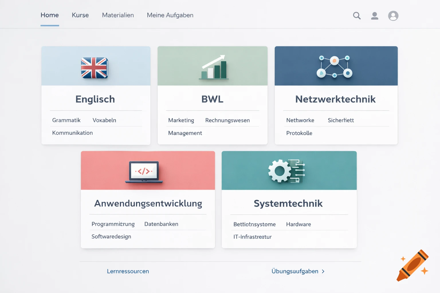 A clean, modern learning website interface with cards for subjects like English, Business, and Network Technology, featuring a top menu and search icons.