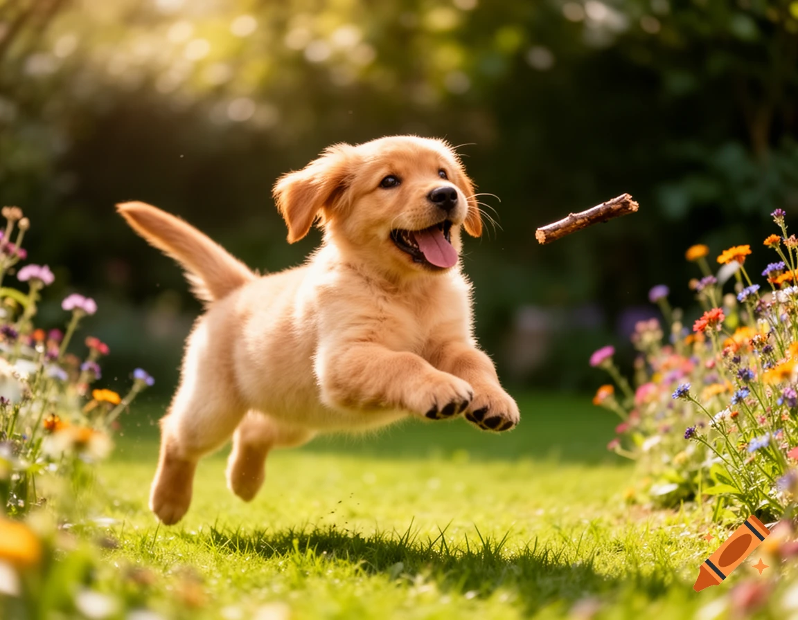 A golden retriever puppy leaps in a sunny green garden, chasing a small stick amidst colorful flowers. Photorealistic.