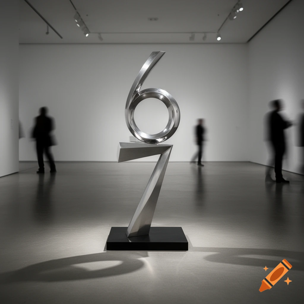 A metallic sculpture forming the shapes 6 and 7 stands in a modern art gallery with blurred figures in the background.