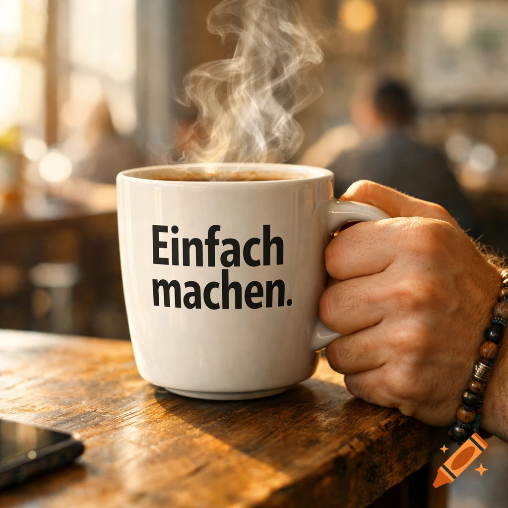 Hand holding a steaming white coffee mug with 'Einfach machen.' slogan in a warm-lit cafe.