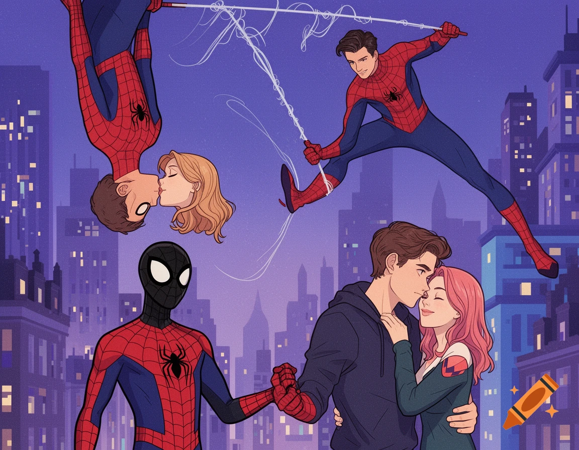 Comic style illustration of various Spider-Man characters and their love interests in action and romantic poses against a city skyline.