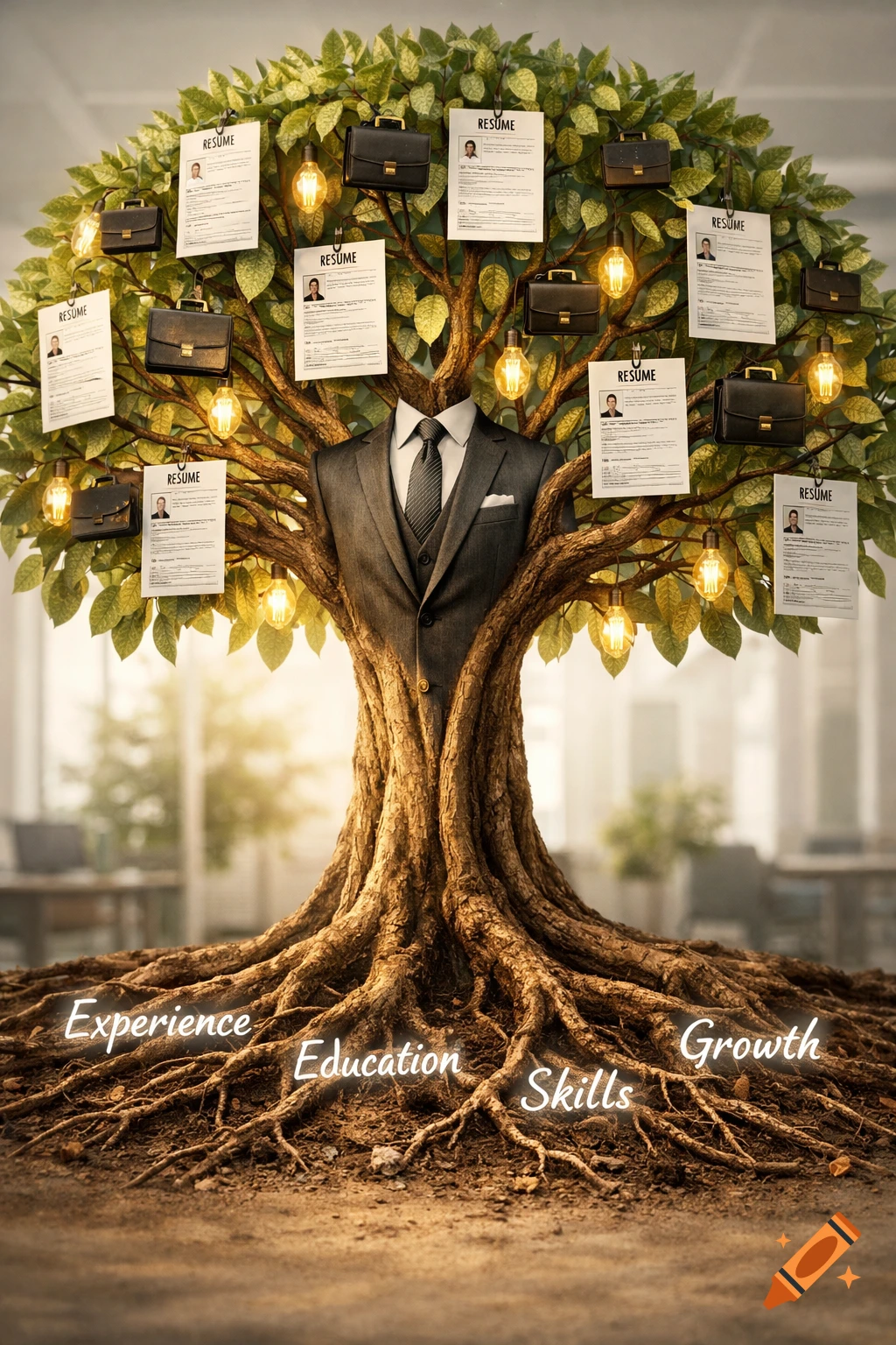 A conceptual tree with a suit-clad trunk, resumes and briefcases hanging from branches, and roots labeled 'Experience', 'Education', 'Skills', 'Growth' in a bright office setting.