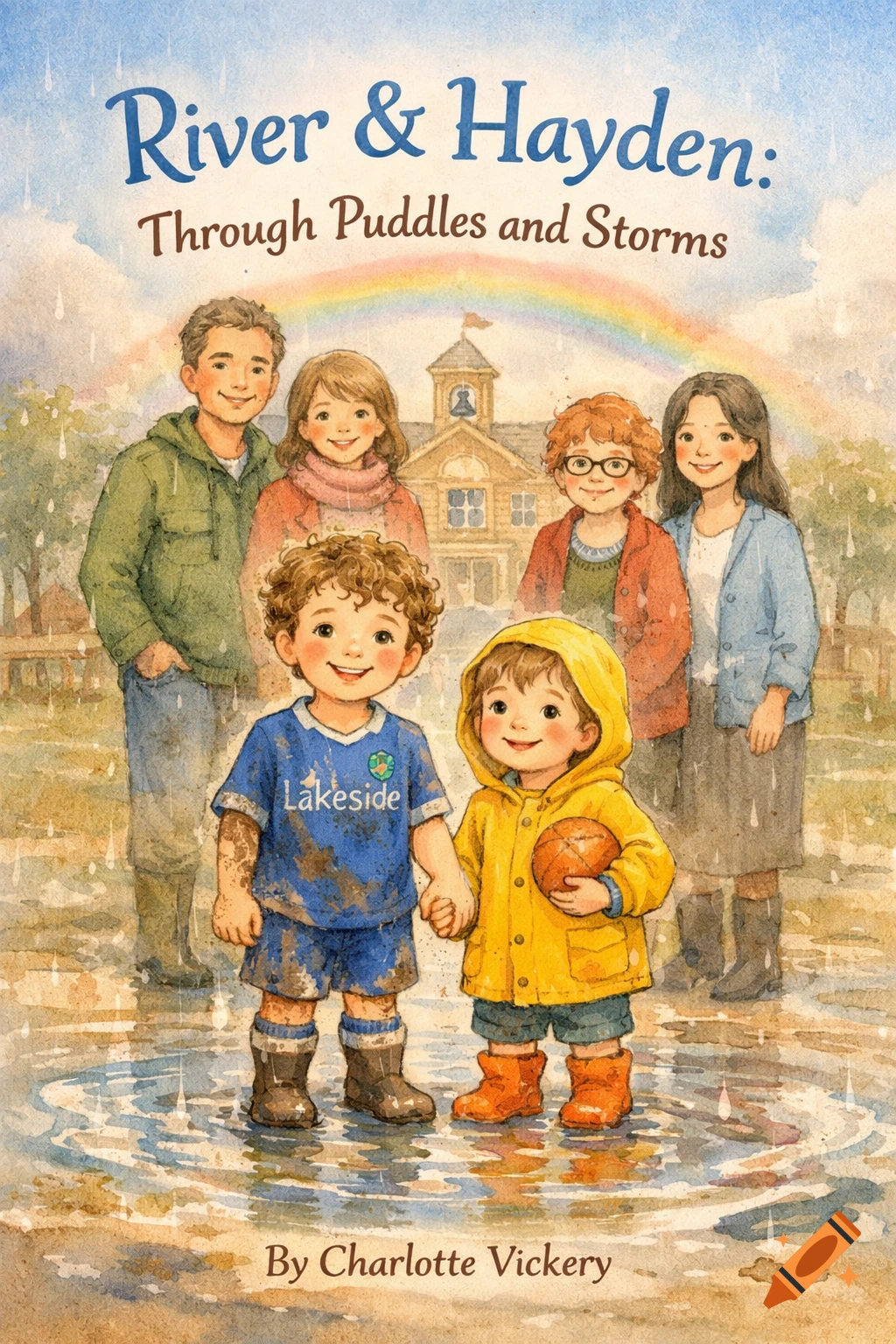 A watercolor storybook cover showing two young boys holding hands in puddles, with four adults and a school building behind them, under a rainbow and rain.
