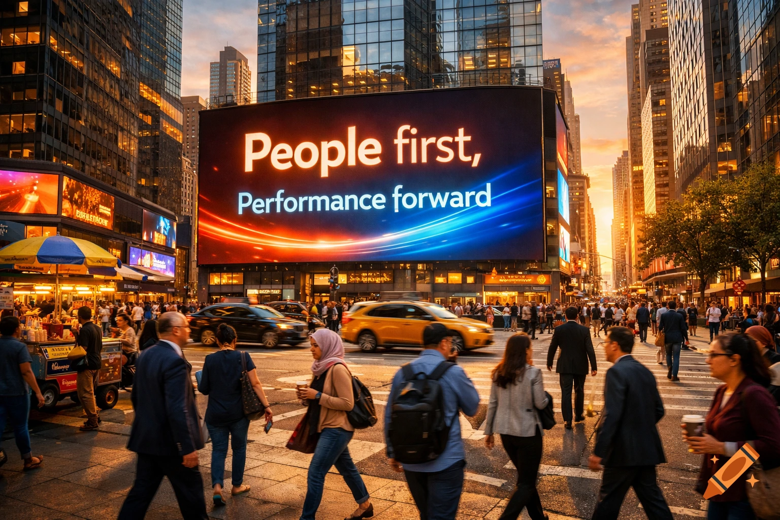 Photorealistic image of a bustling city street at dusk, with pedestrians and cars moving past illuminated skyscrapers and a large billboard displaying "People first, Performance forward".