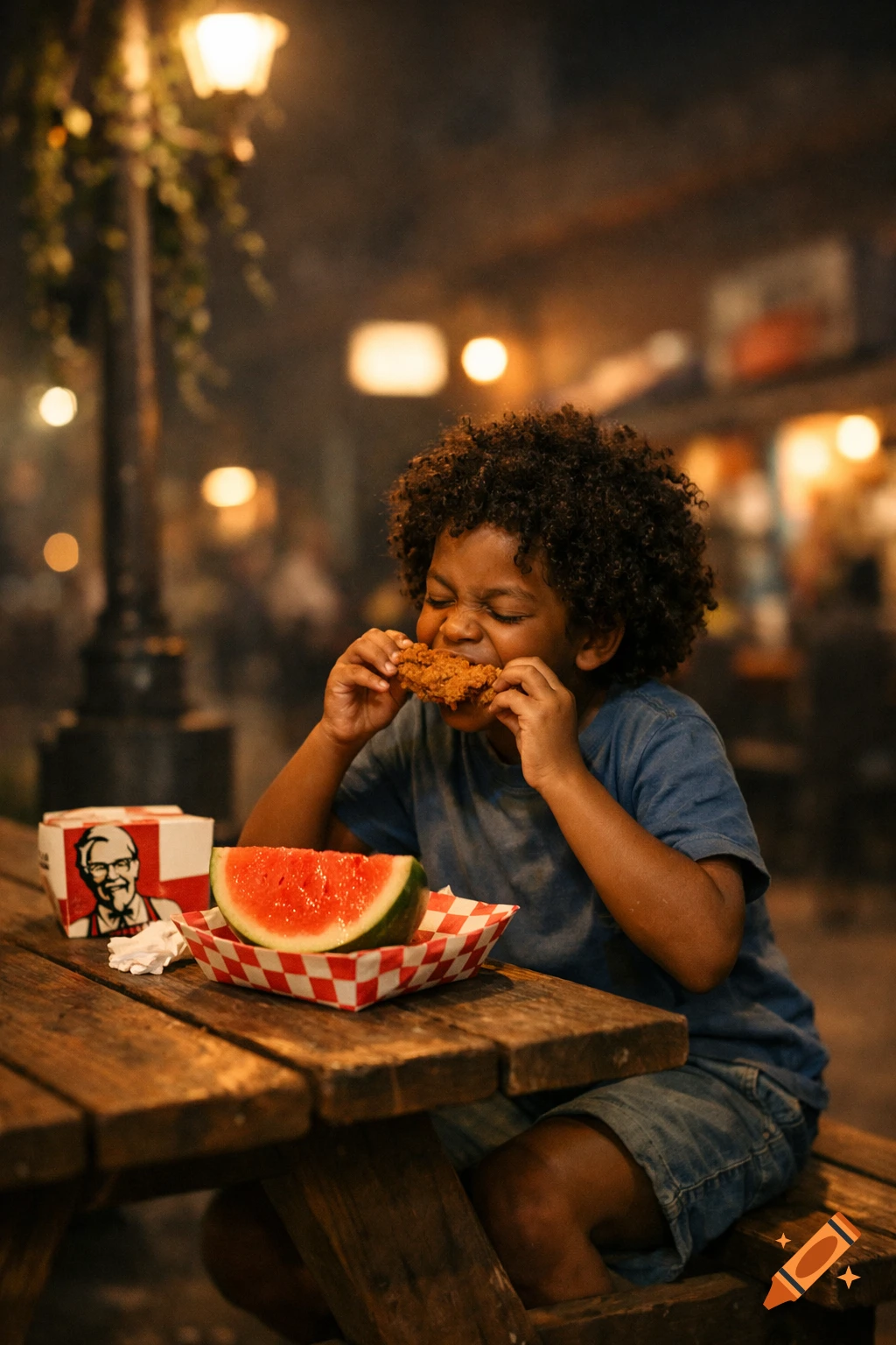 A young boy with curly hair joyfully eats fried chicken and watermelon at a wooden picnic table at night, with a KFC box nearby.