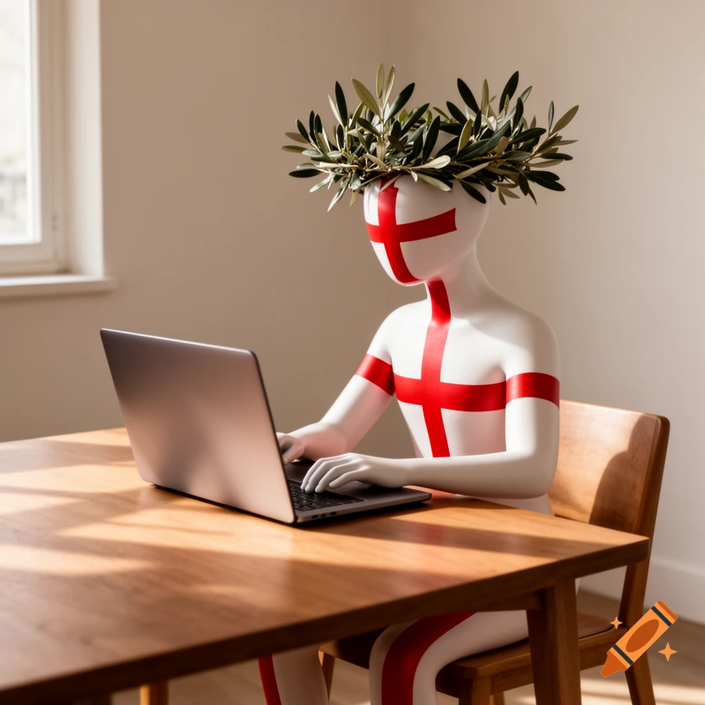 A white mannequin-like figure with red St. George's crosses and an olive leaf wreath on its head types on a laptop at a wooden table.