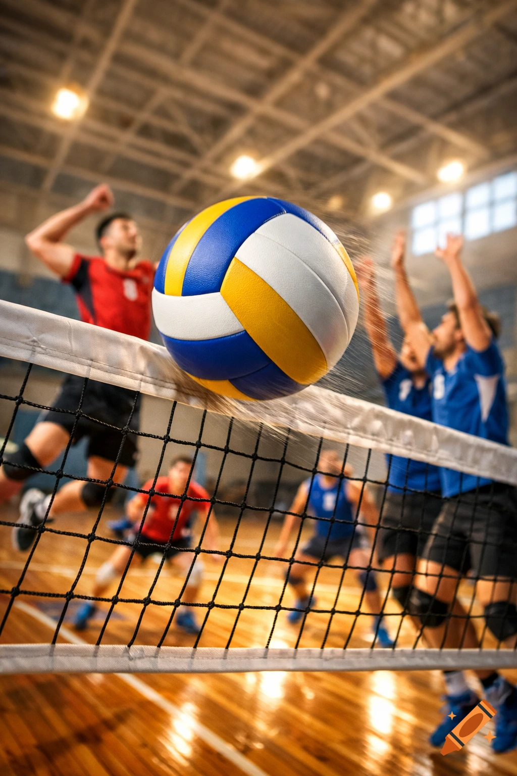 Volleyball in motion over a net during a game with blurred players on a wooden court.