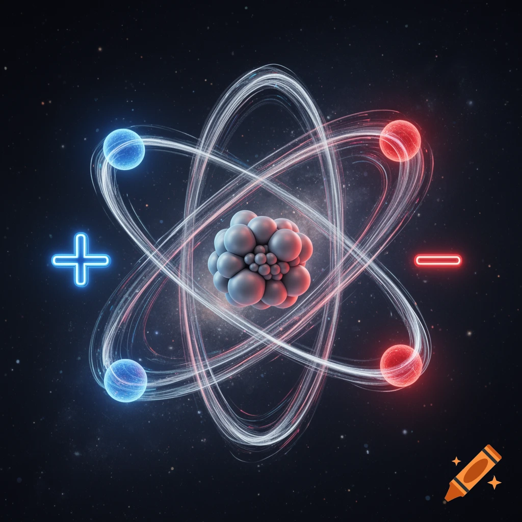 A stylized atomic model with a central nucleus, orbiting electrons, and glowing neon plus and minus charge symbols against a starry background.