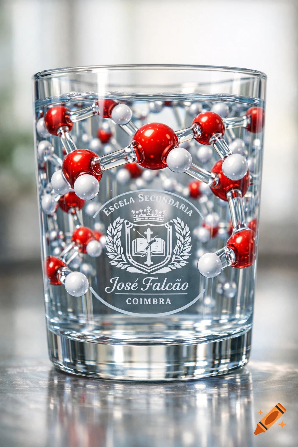 Photorealistic image of a glass of water containing a red and white molecular model, with 'Escola Secundária José Falcão Coimbra' logo on the glass.