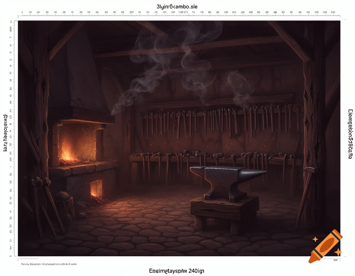 A rustic blacksmith's forge with a glowing furnace on the left, an anvil on a wooden block, and tools hanging on dark wooden walls.