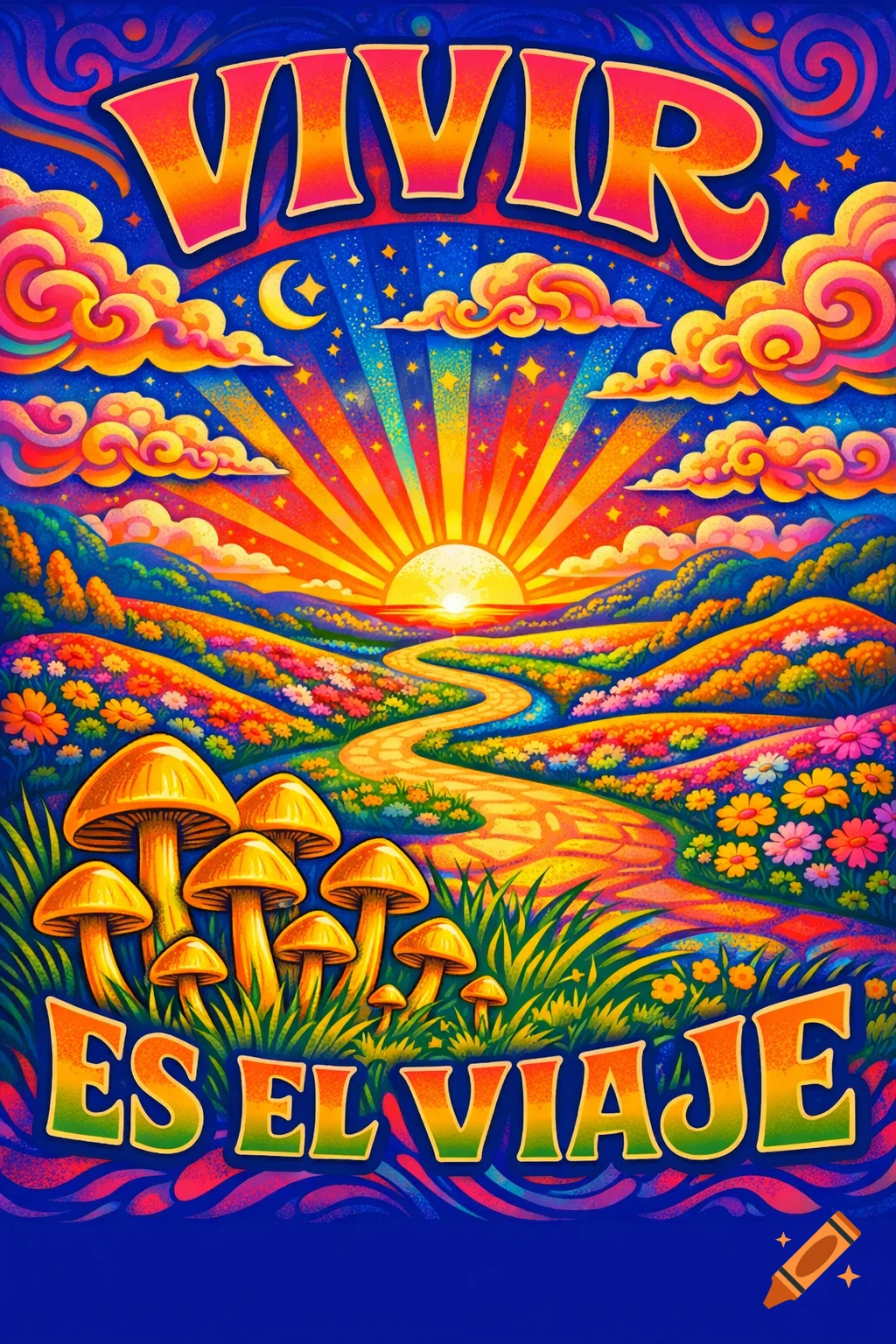 Vibrant psychedelic art of a landscape with golden mushrooms, a winding path, a sunburst, and text 'VIVIR ES EL VIAJE'.