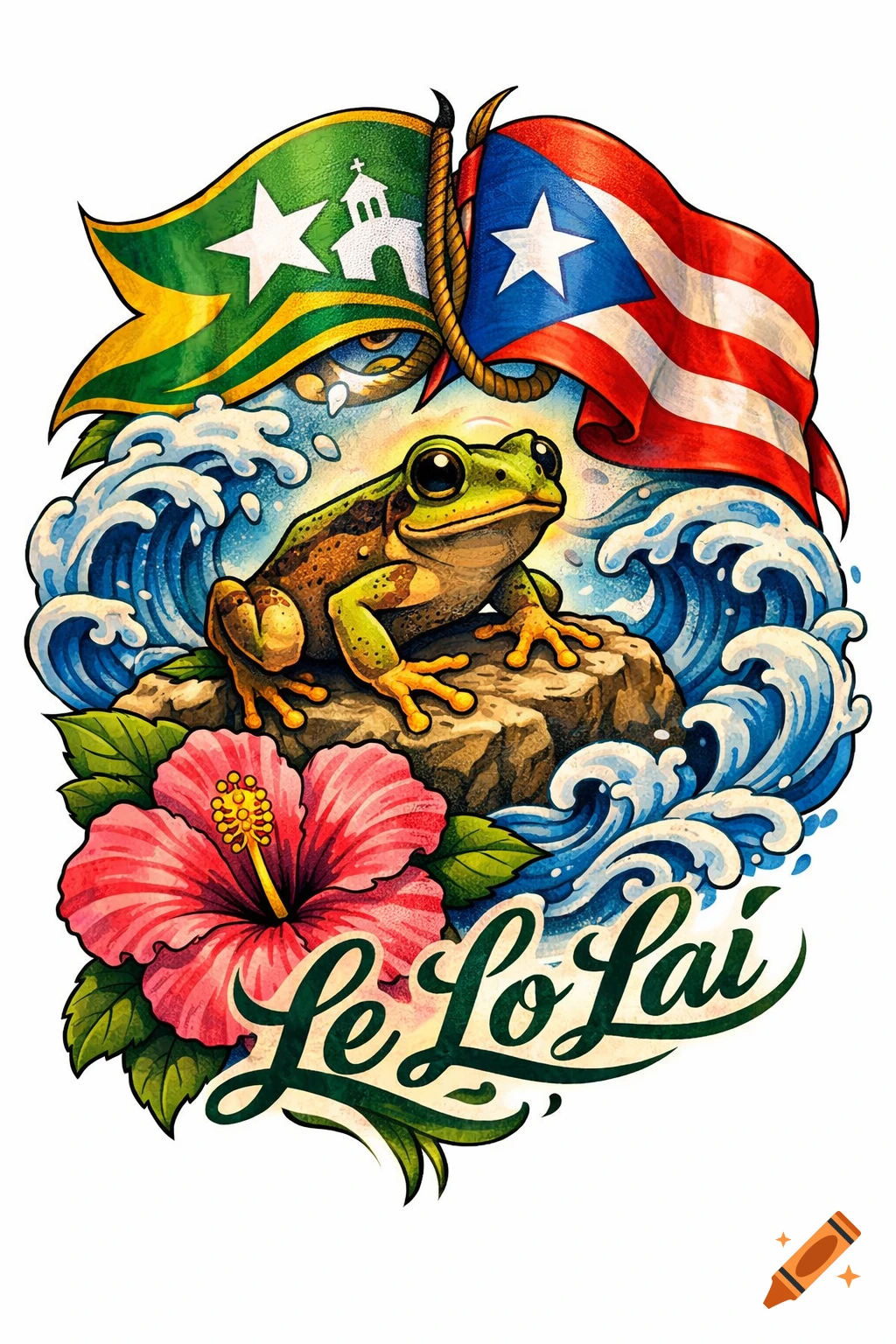 A coqui frog on a rock with blue ocean waves, a pink hibiscus flower, and the Puerto Rico and Coamo flags in a traditional tattoo art style with 'Le Lo Lai' text.