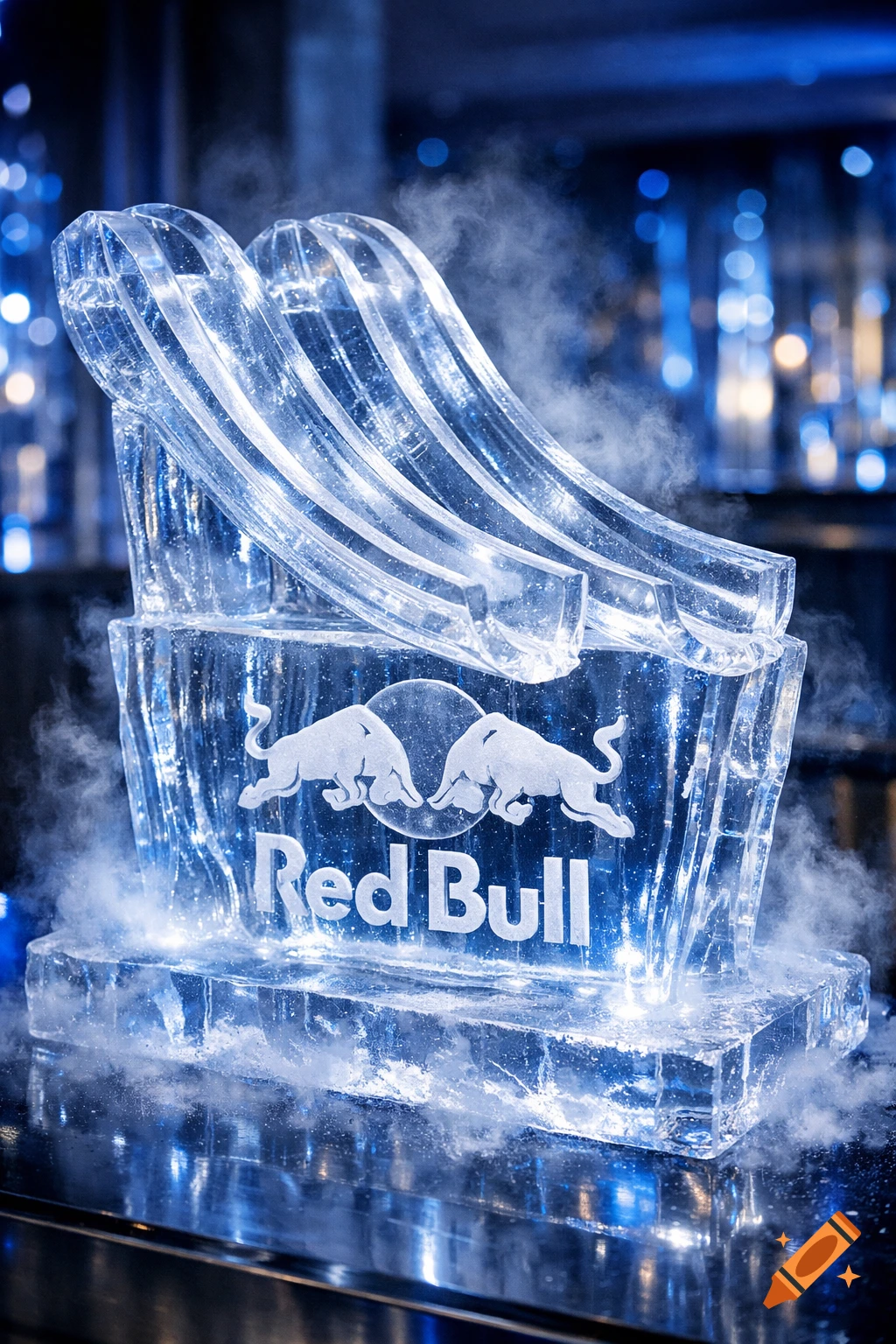A glowing blue ice sculpture forms a double luge with the Red Bull logo carved into its base, surrounded by mist.