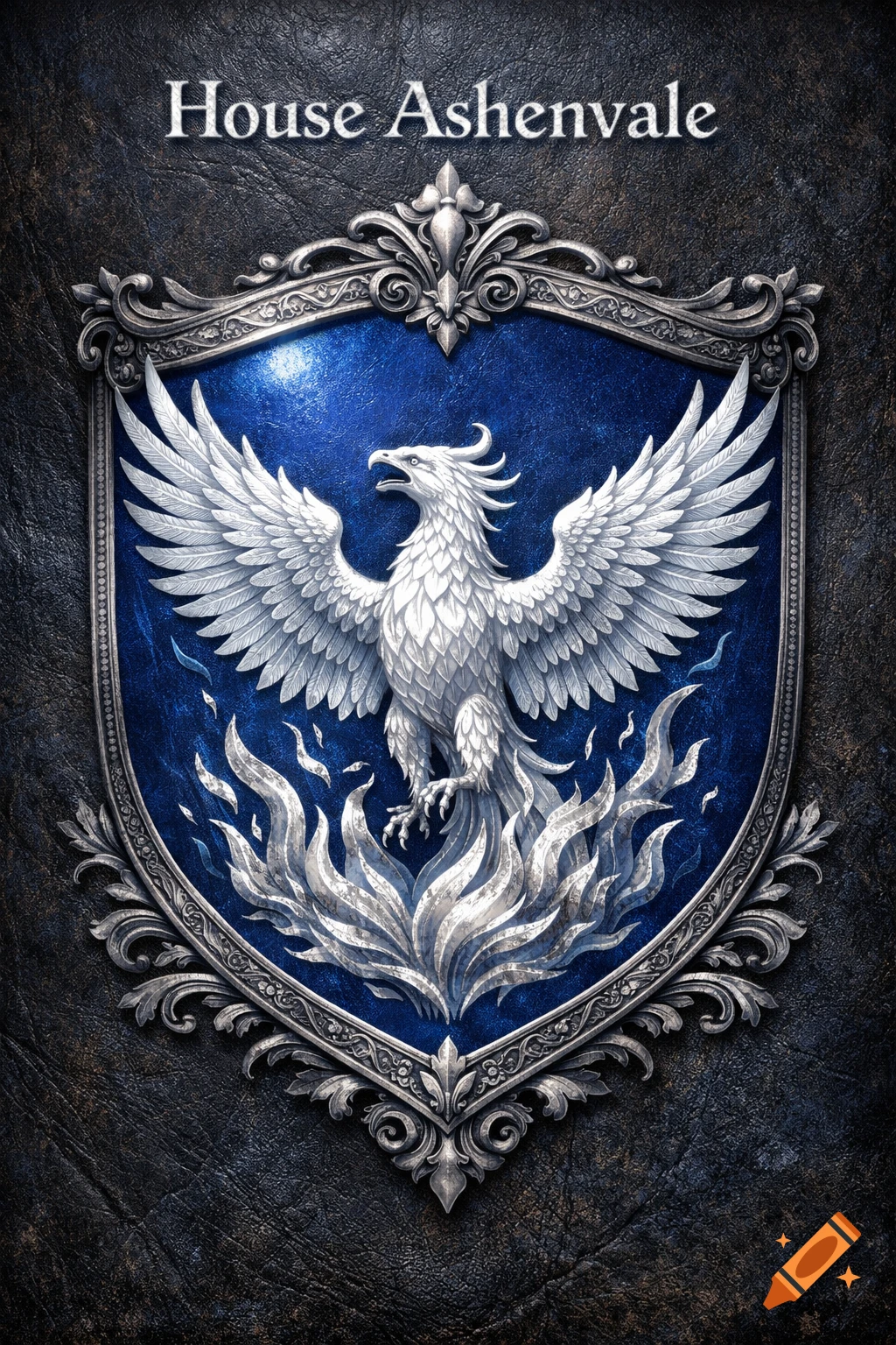 White phoenix with outstretched wings on an ornate silver and blue shield, above which reads 'House Ashenvale', on a dark textured background.