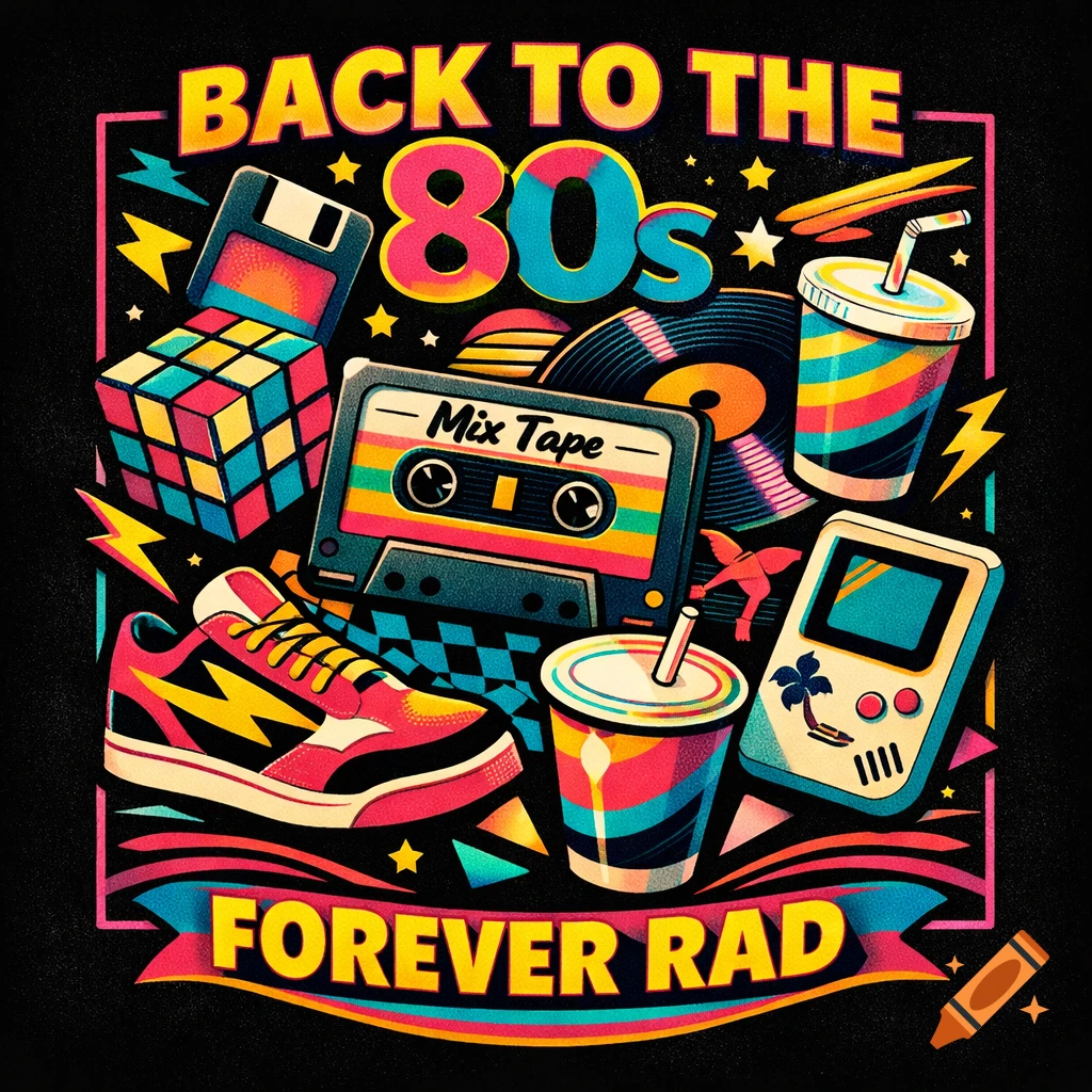 A vibrant retro graphic on black, featuring 80s icons: a Rubik's Cube, floppy disk, cassette, vinyl, a handheld game, sneakers, and cups. Text reads "BACK TO THE 80s" and "FOREVER RAD".