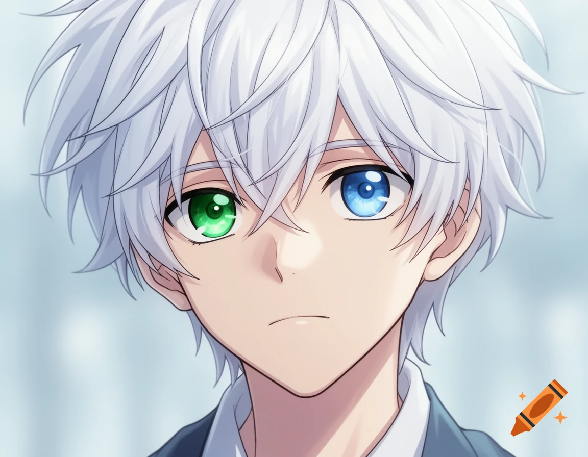 Anime close-up of a boy with white hair, a green left eye, and a blue right eye.