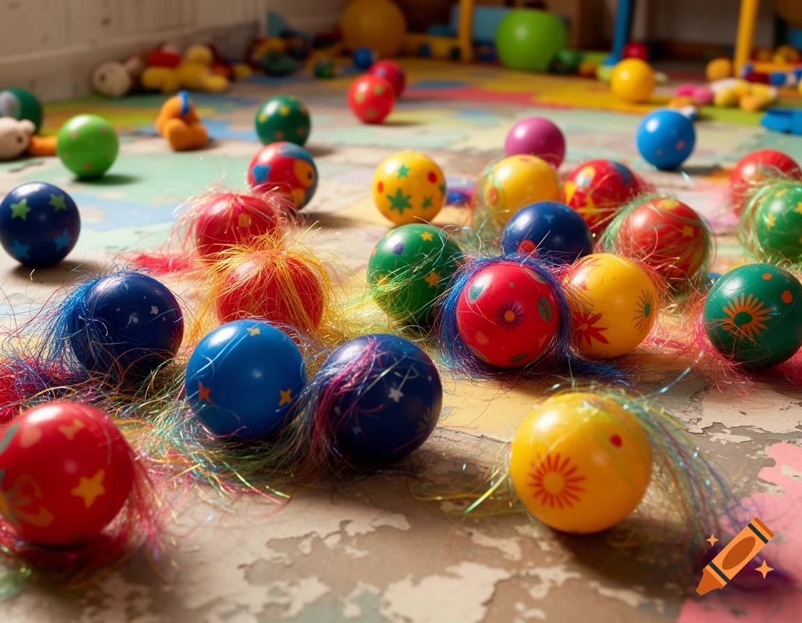 A close-up shot of numerous colorful toy balls, some covered in iridescent tinsel, scattered across a light-colored floor.