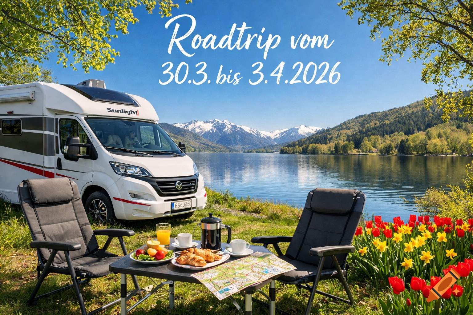A camper van parked by a scenic lake with mountains, camping chairs, and breakfast. 'Roadtrip vom 30.3. bis 3.4.2026' is in the sky.