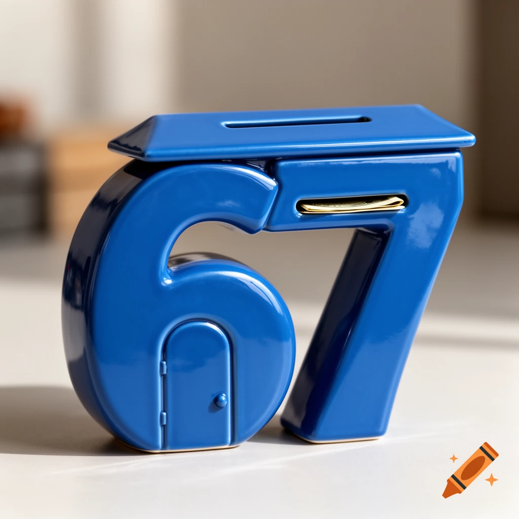 A photorealistic blue savings bank shaped like the number 67, with a coin slot on top and a small door on the '6' for bills.
