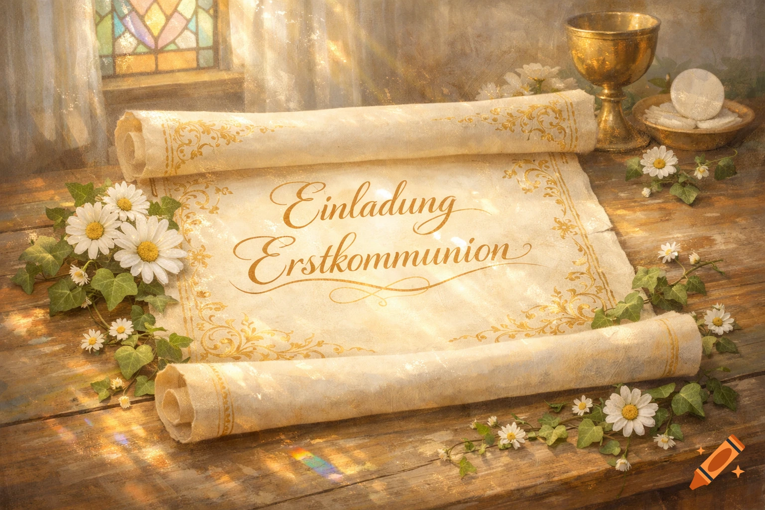 Painted scroll 'Einladung Erstkommunion' with daisies, a golden chalice, and wafers on a wooden table near a stained glass window.