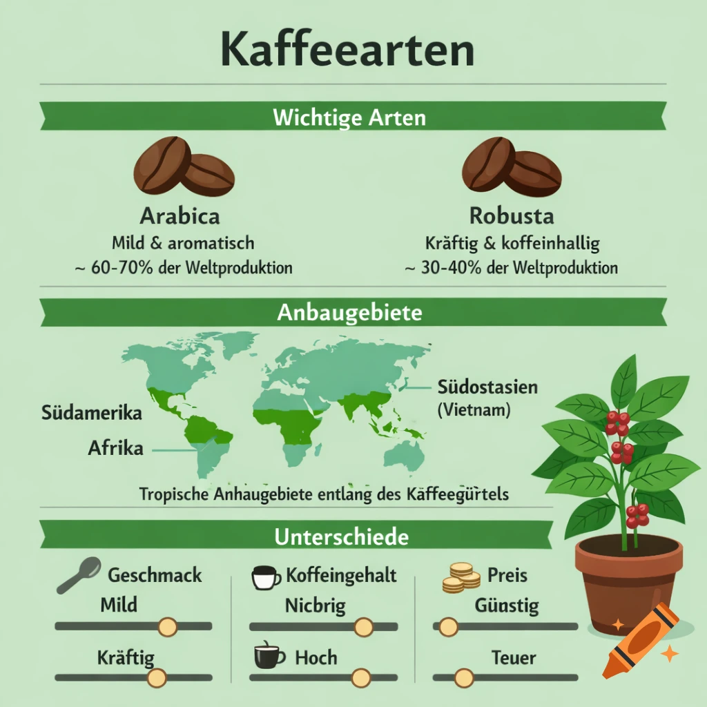 An infographic illustrating types of coffee, their origins, and differences in taste, caffeine, and price.