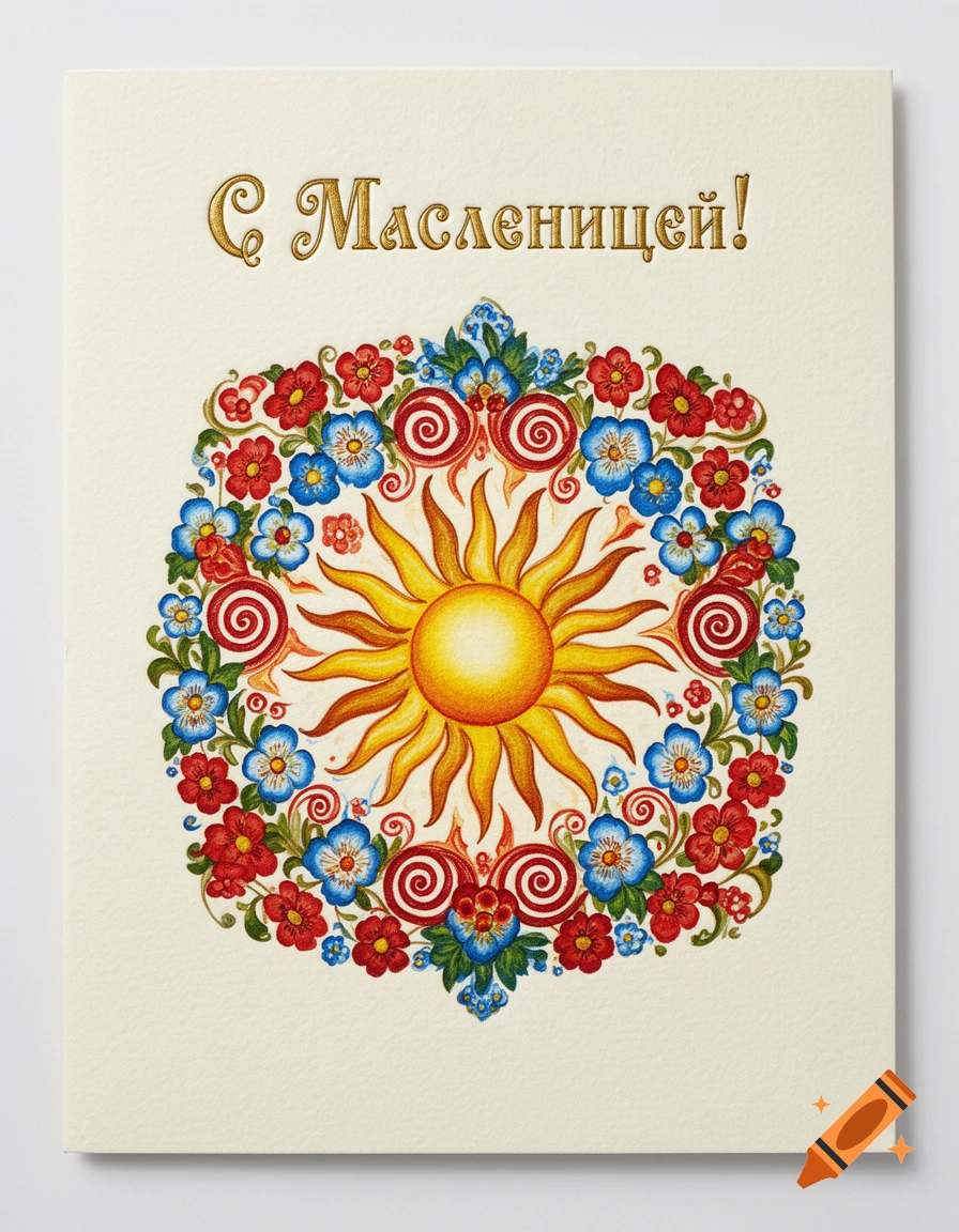 A traditional Russian greeting card featuring a golden sun surrounded by a floral wreath of red and blue flowers on a cream background, with gold embossed text.