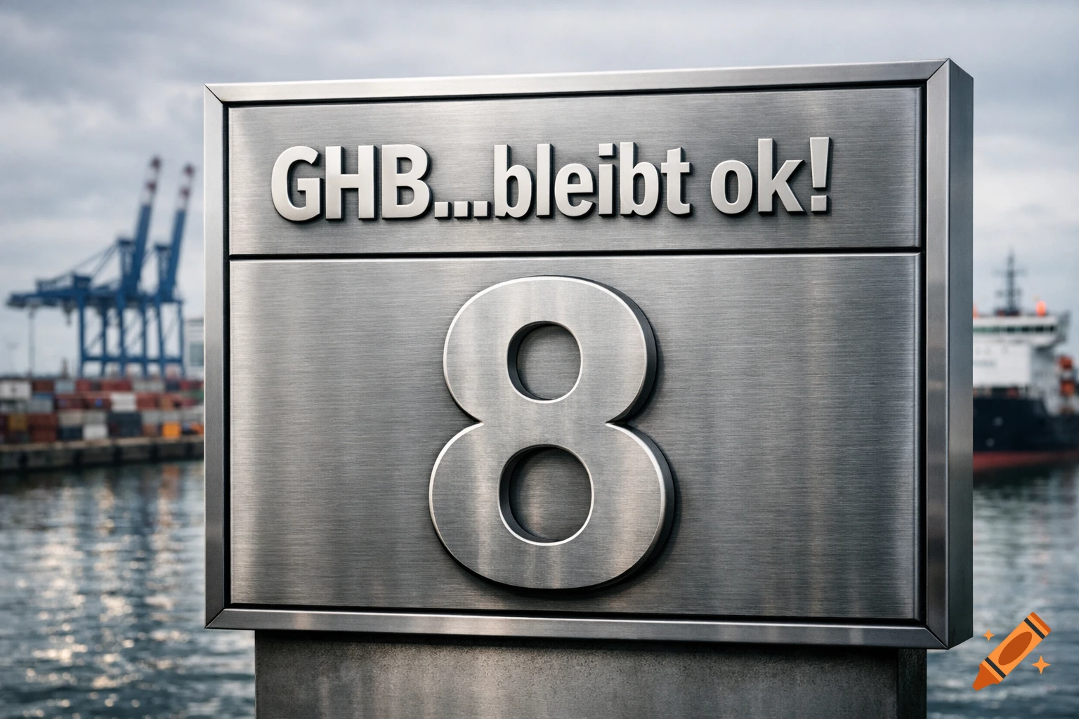 A brushed metal sign with "GHB...bleibt ok!" and a large "8" against a blurred harbor background with cranes and a ship.