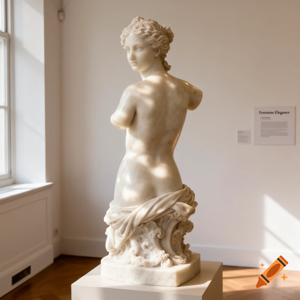 A classical marble bust of a female figure seen from behind, standing on a pedestal in a sunlit museum.