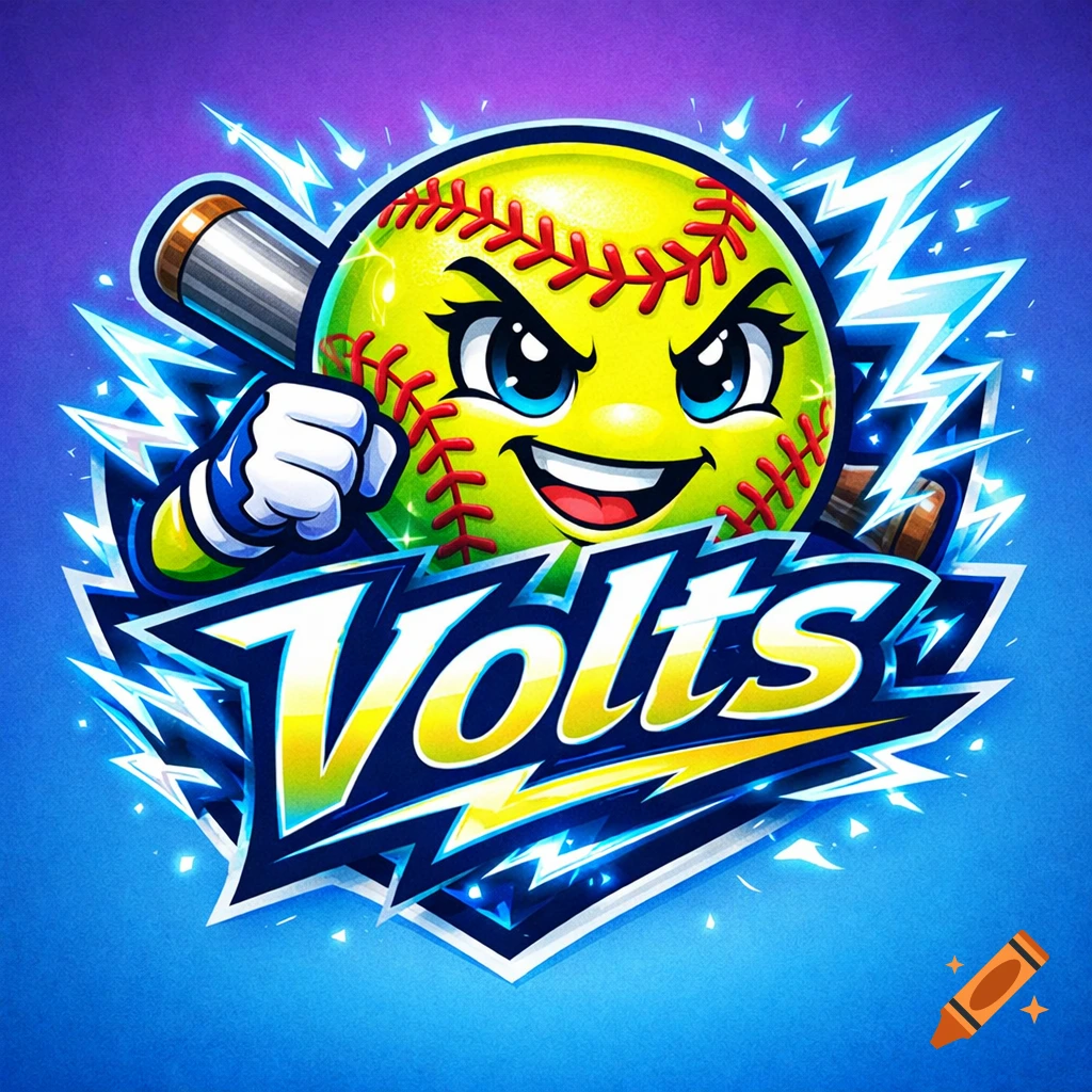 A vibrant cartoon softball logo features an angry-cute yellow softball holding a bat, surrounded by blue lightning bolts, with the word "Volts" in bold lettering below.