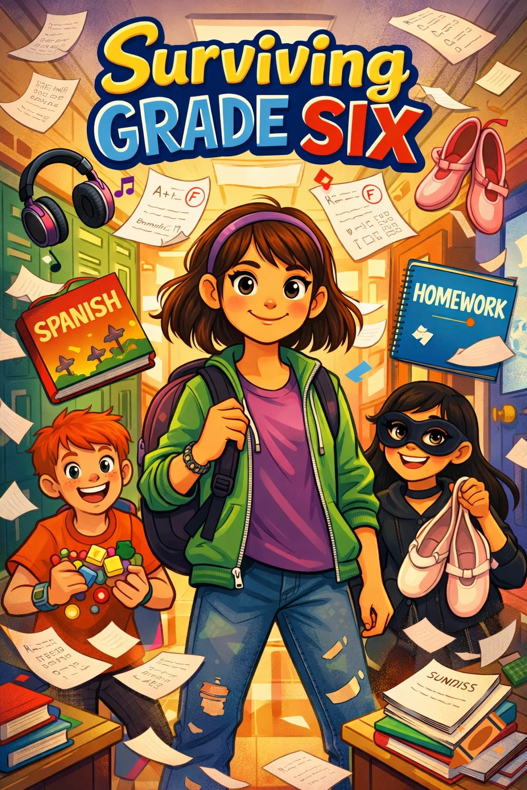 Colorful cartoon illustration for a book titled 'Surviving Grade Six', showing a confident girl with a backpack in a chaotic school hallway with friends and floating school items.
