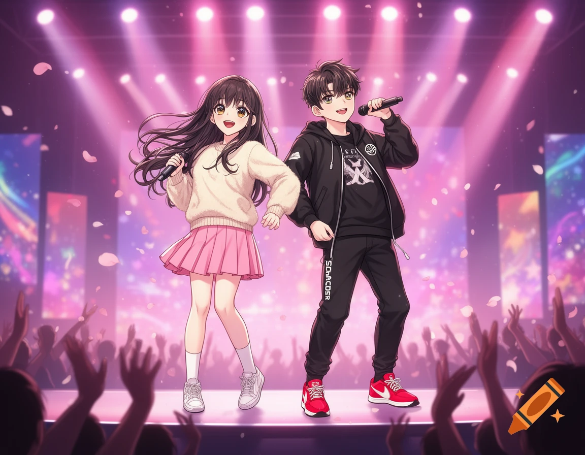 Anime-style K-pop idol girl and boy singing on a vibrant pink and purple stage with falling petals.